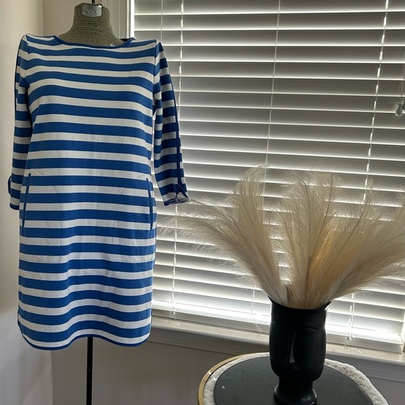 LANDS END PONTE STRETCH KNIT SHEATH DRESS Sz. 14P BLUE/WHITE NAUTICAL STRIPE - Picture 1 of 11